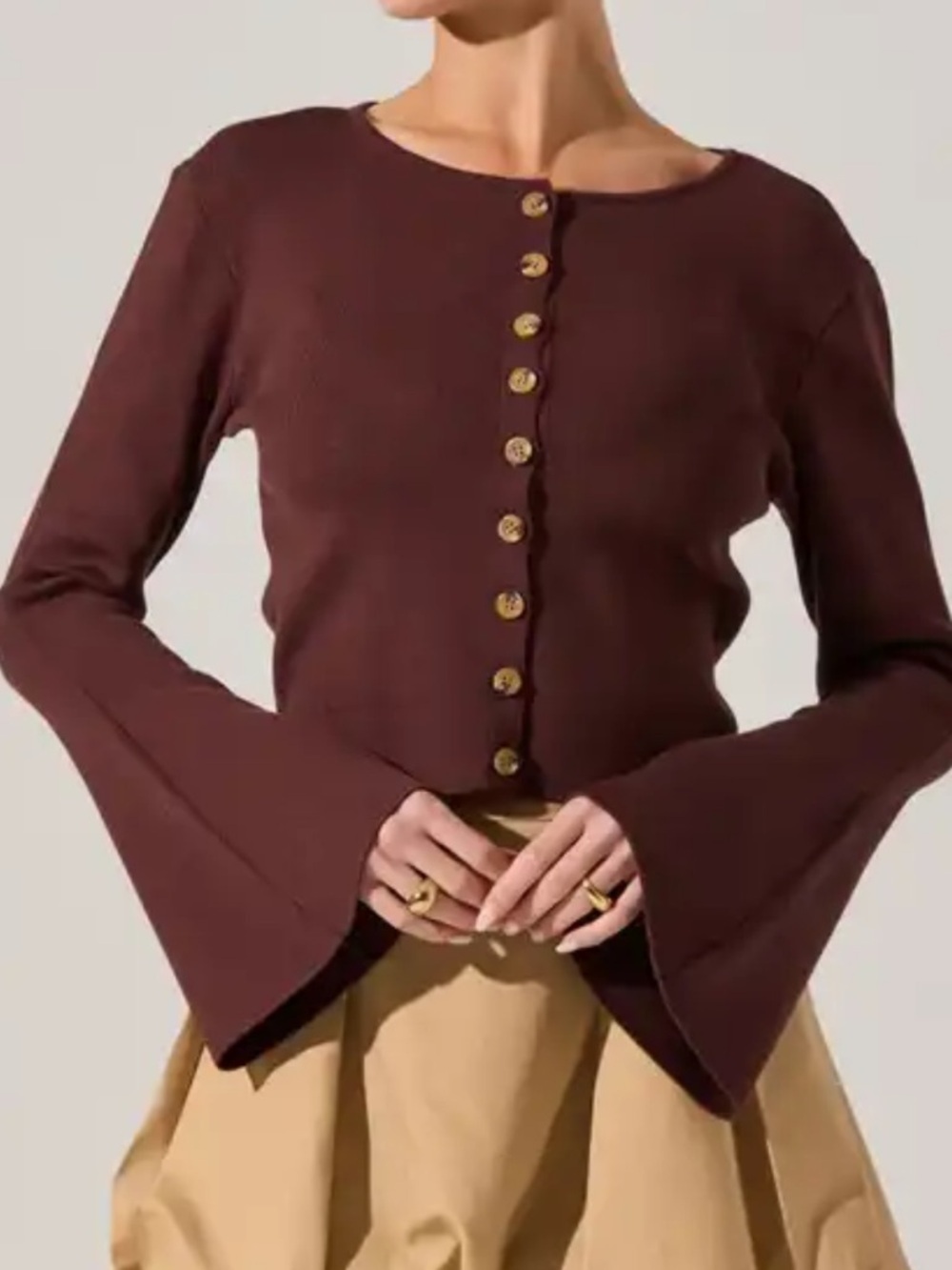 Astr The Label Nylah Bell Sleeve Cardigan Sweater Brown